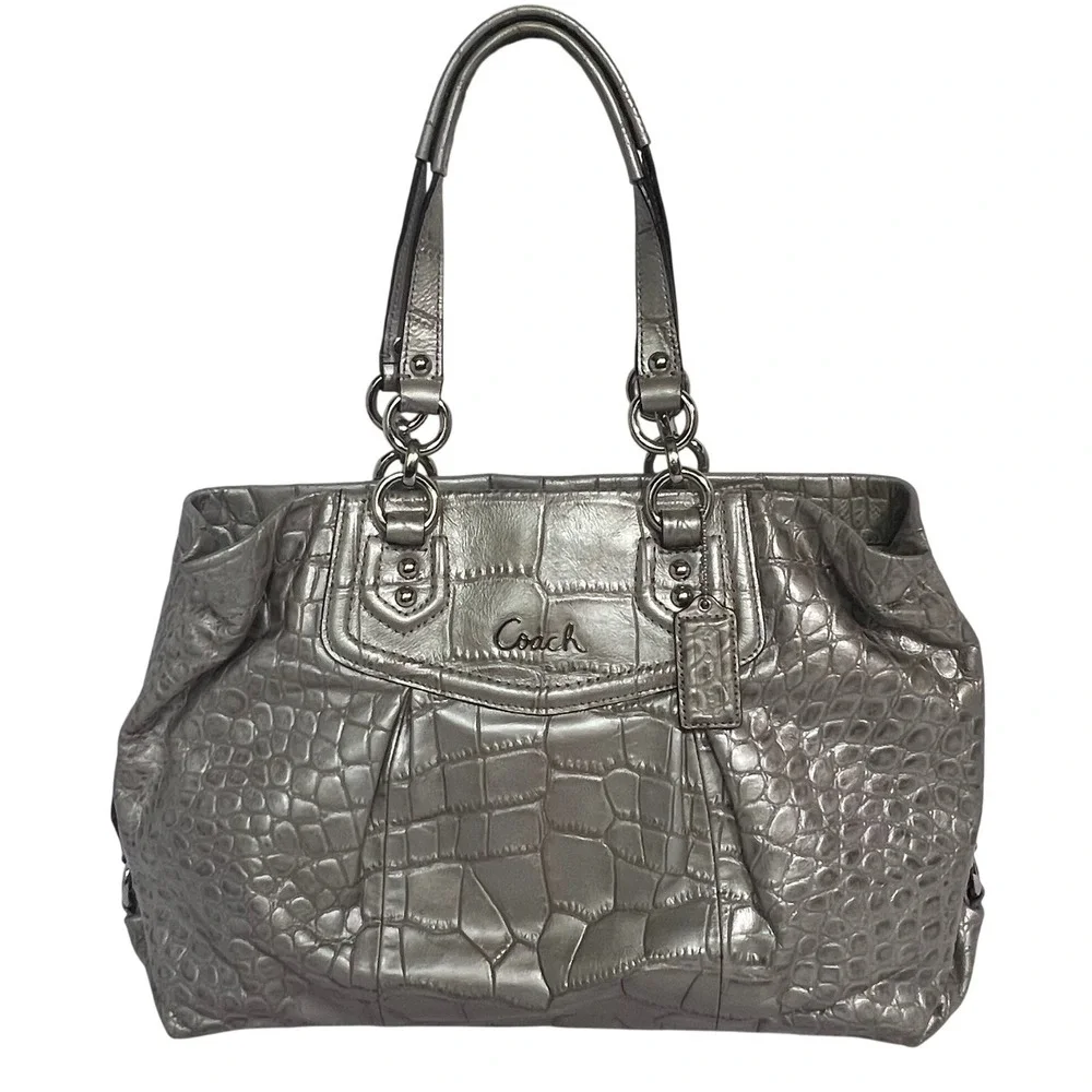Coach Ashley Carryall Women Large Silver Metallic Croc Embossed Leather Tote Bag